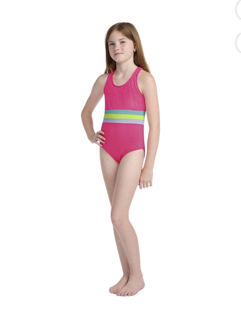 Hurley Pink One-Piece Swimsuit with Lime & Aqua Stripes